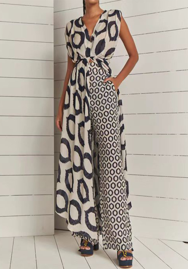 Women Printed Sleeveless V-Neck Lace Top + Pants Two-Piece Set