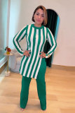 Women stripe printed long-sleeved top and pants two-piece set