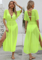 Women Beach Dress Bikini Cover-Up See-Through Mesh Slit Dress