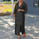 Plus Size Women Autumn V-Neck Sequin Slit Dress