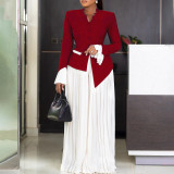 Women Bell Bottom Sleeve Top Pleated Wide Leg Pants Two-Piece Set