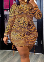 Plus Size Women Mesh Zebra Print Drawstring Dress