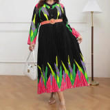 Plus Size Women Printed Pleated Long Sleeve Elegant Dress with Belt