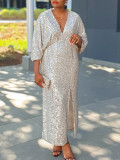 Plus Size Women Autumn V-Neck Sequin Slit Dress