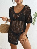 Women Cover-Up Summer V-Neck Slit Hollow Cover-Up Bikini Dress