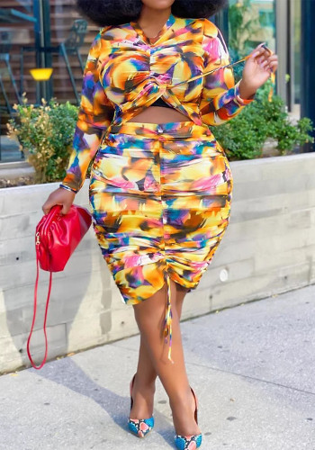 Plus Size Women Long Sleeve Irregular Elastic Print Top and Pleated Skirt Two-Piece Set