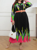 Plus Size Women Printed Pleated Long Sleeve Elegant Dress with Belt