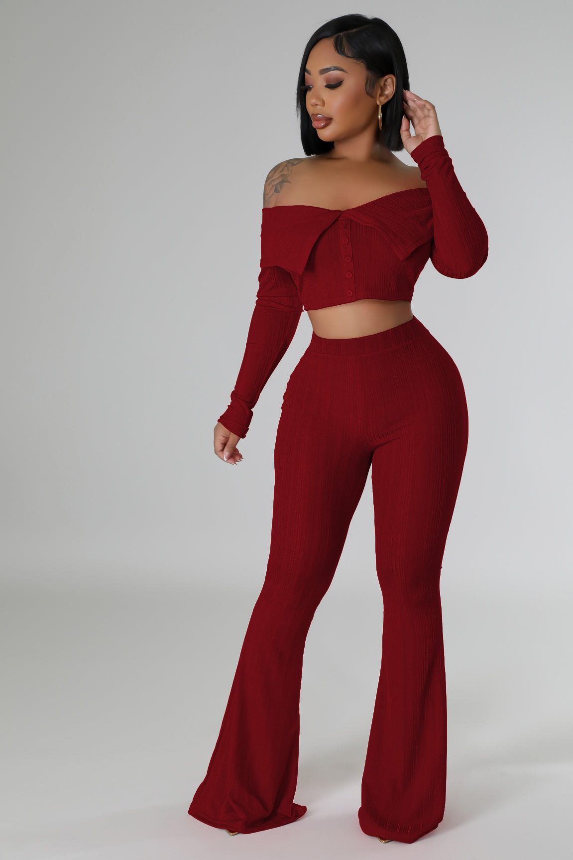Solid Off-Shoulder Top & Wide Leg Pants Two-Piece Set
