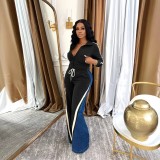 Women Top and Denim Patchwork Pants Two-Piece Set