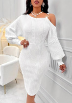 Women Winter One-shoulder Lantern Sleeve Solid Bodycon Dress Sexy Lingerie