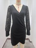 Women Fall Solid V-neck Sexy Long Sleeve Bodycon Dress