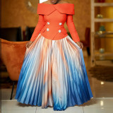 Women Elegant Off Shoulder Top and Print Long Skirt Two-Piece Set