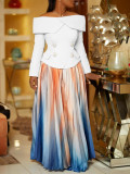 Women Elegant Off Shoulder Top and Print Long Skirt Two-Piece Set