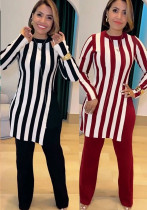 Women stripe printed long-sleeved top and pants two-piece set