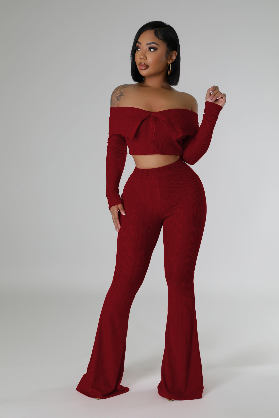 Solid Off-Shoulder Top & Wide Leg Pants Two-Piece Set