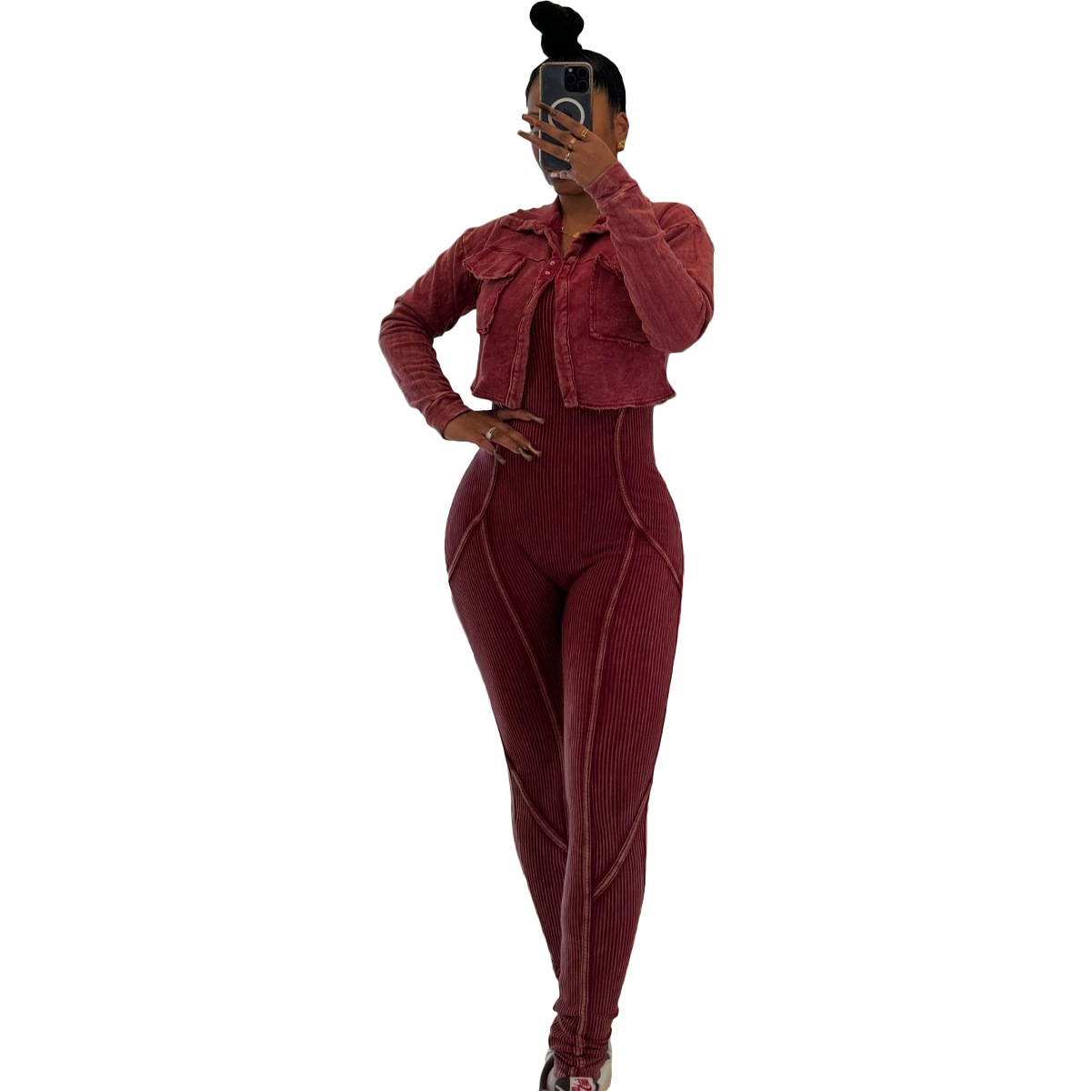 Fashion Women's Solid Color Tight Slim Jumpsuit Coat Casual Two-Piece Set