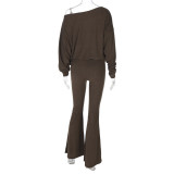 Fashion Women's Autumn Slash Shoulder Long-Sleeved Top High Waist Flared Pants Fashion Casual Set