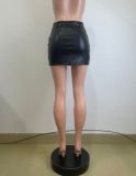 Women's Belt Pu Leather Bodycon Slit Short Skirt