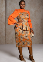 Fashionable Floral Print Bell Bottom Sleeve High Waist Elegant Party Chic Dress