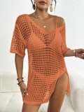 Women Cover-Up Summer V-Neck Slit Hollow Cover-Up Bikini Dress