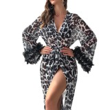Bathrobe Long Printed Pajamas Women's Casual Home Clothes Leopard Print Nightgown