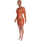 Women's Fashion Hollow Printed Long Sleeve Bodycon Dress