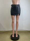 Women's Belt Pu Leather Bodycon Slit Short Skirt