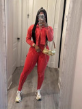 Fashion Women's Solid Color Tight Slim Jumpsuit Coat Casual Two-Piece Set