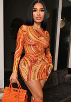 Women's Fashion Hollow Printed Long Sleeve Bodycon Dress