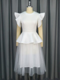 Ruffle Mesh Patchwork Mid-Length Wedding Dress