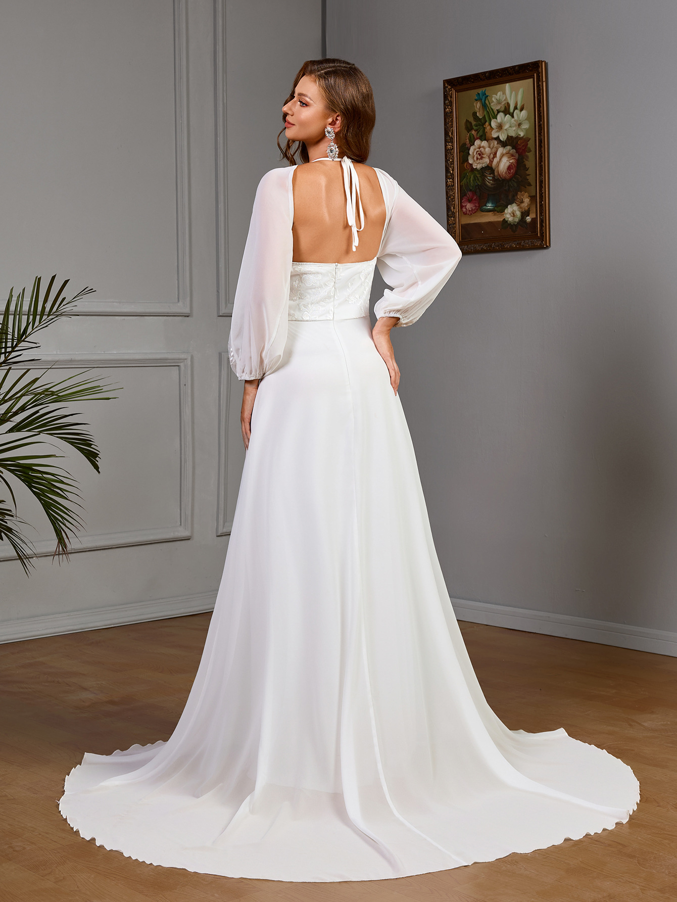 Women's Long-Sleeved V-Neck Lace Patchwork Wedding Dress