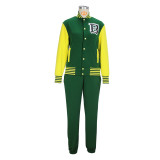Autumn And Winter Women's Button Print Fashion Casual Baseball Jacket Pants Two-Piece Set