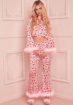 Heart Print Crop Two-Piece Button Fashion Furry Pajamas Set
