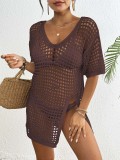 Women Cover-Up Summer V-Neck Slit Hollow Cover-Up Bikini Dress
