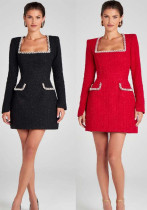 Chic Slim Fit U-Neck Long-Sleeved Diamond Elegant Dress