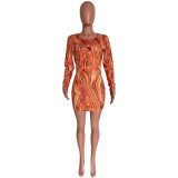 Women's Fashion Hollow Printed Long Sleeve Bodycon Dress