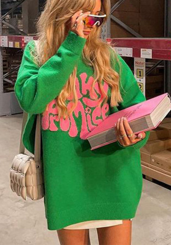 Winter Round Neck Long Sleeve Letter Pattern Jacquard Knitting Sweater Pullover Women's Clothing