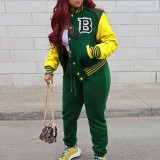 Autumn And Winter Women's Button Print Fashion Casual Baseball Jacket Pants Two-Piece Set