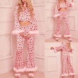 Heart Print Crop Two-Piece Button Fashion Furry Pajamas Set
