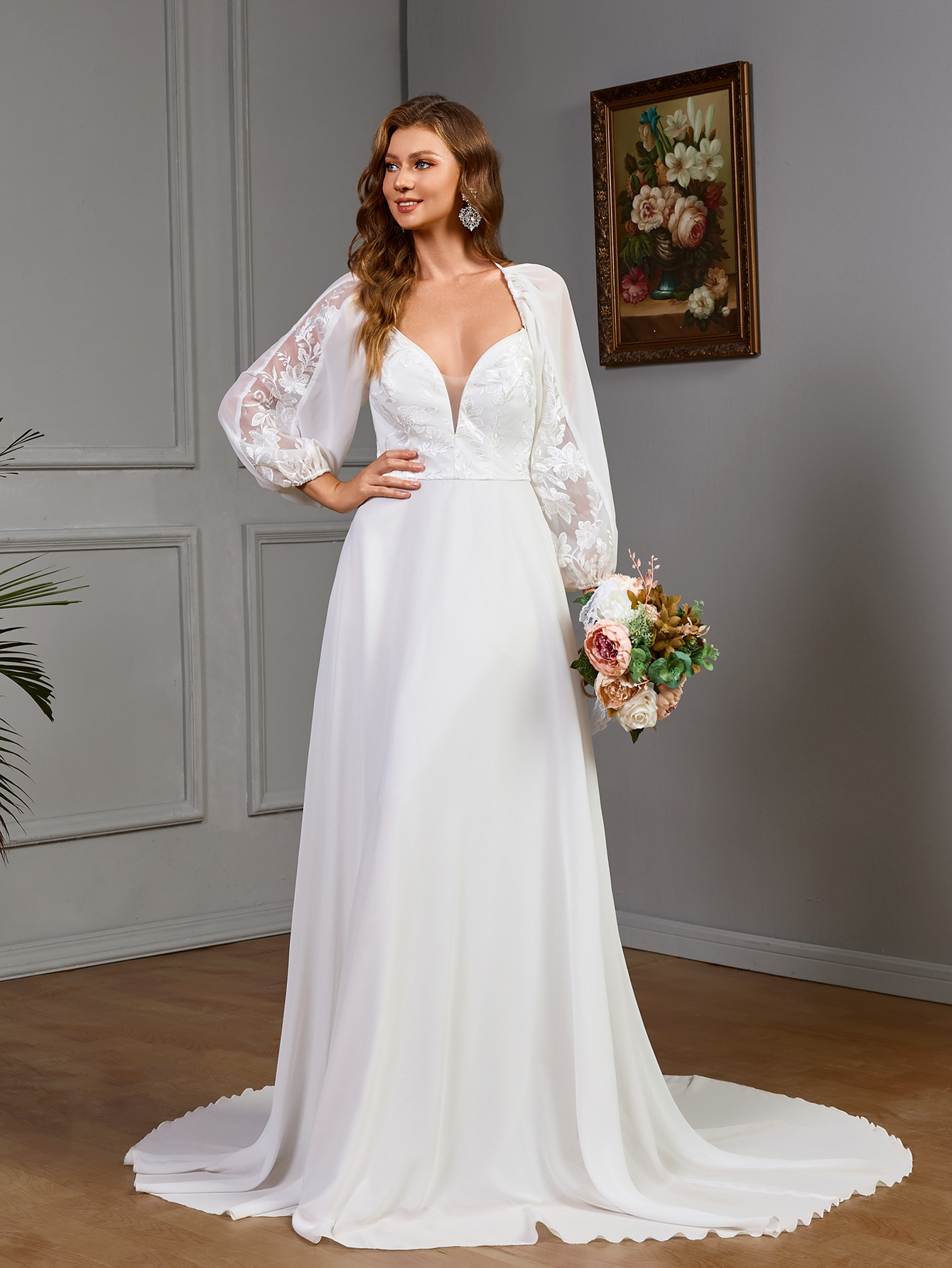 Women's Long-Sleeved V-Neck Lace Patchwork Wedding Dress