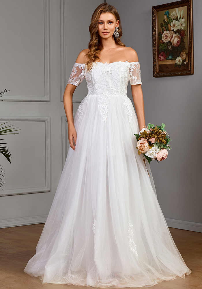 Women's Mesh Off Shoulder Short-Sleeved Bridal Wedding Dress