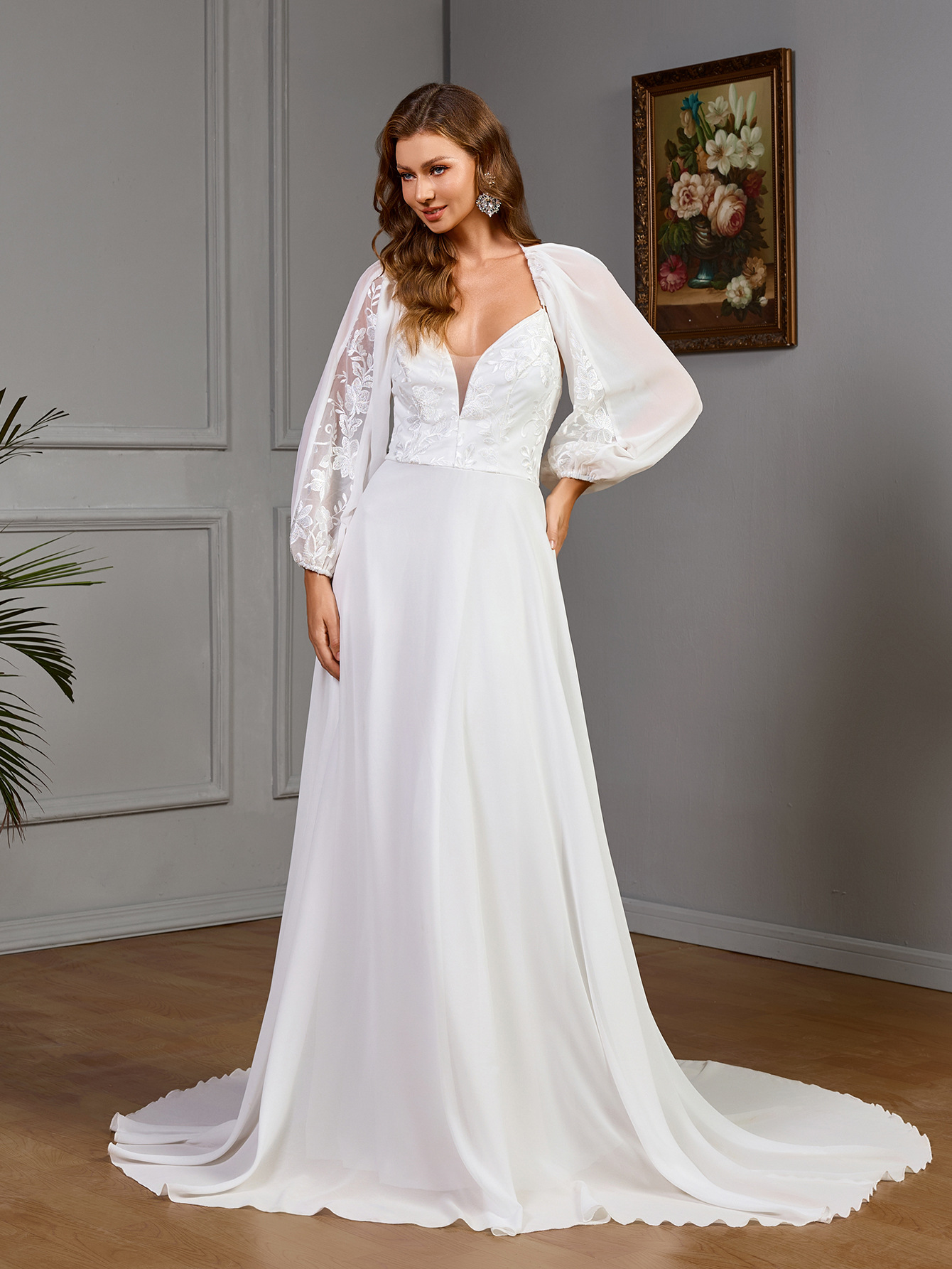 Women's Long-Sleeved V-Neck Lace Patchwork Wedding Dress