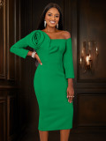 Flower Off Shoulder Long Sleeve Formal Party Dress