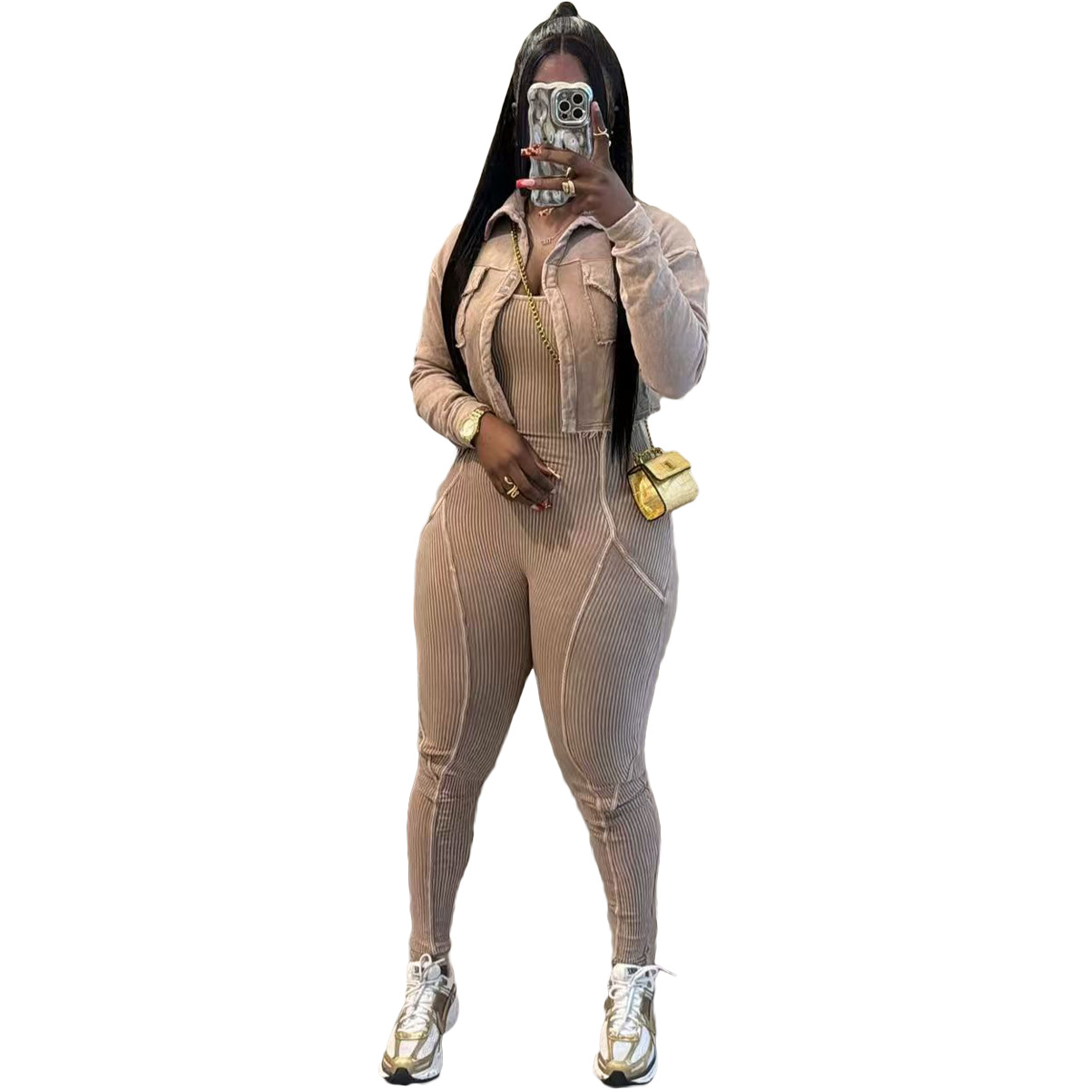 Fashion Women's Solid Color Tight Slim Jumpsuit Coat Casual Two-Piece Set