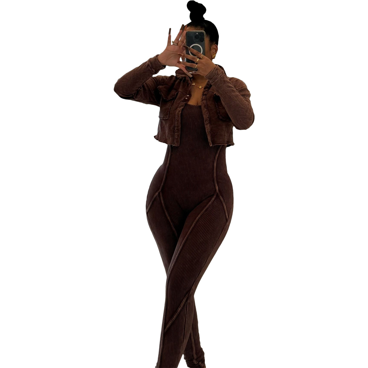 Fashion Women's Solid Color Tight Slim Jumpsuit Coat Casual Two-Piece Set