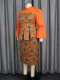 Fashionable Floral Print Bell Bottom Sleeve High Waist Elegant Party Chic Dress