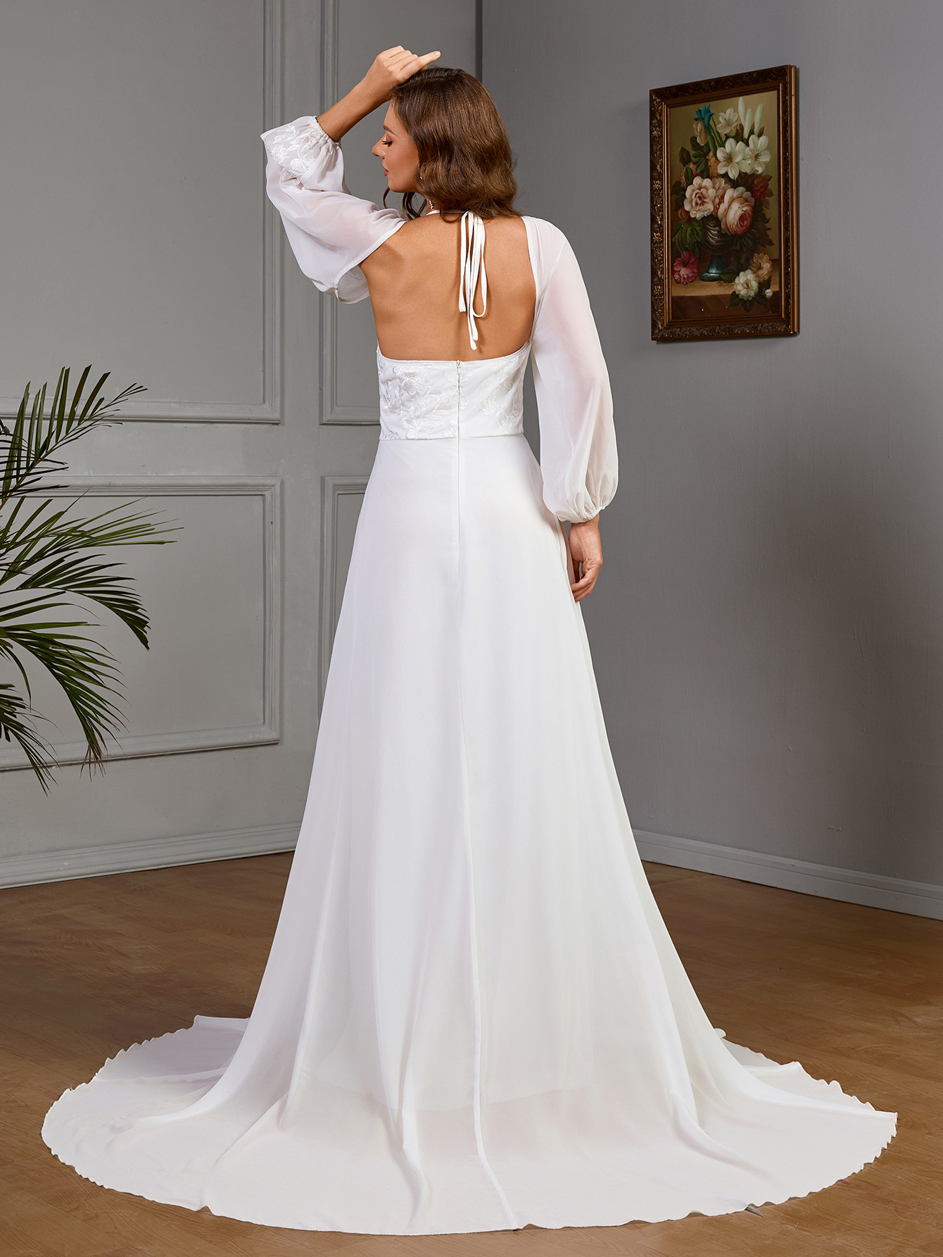 Women's Long-Sleeved V-Neck Lace Patchwork Wedding Dress