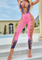 Gradient Pink Lingerie Female Strap Halter Neck Hollow Tight Fitting Mesh See-Through Jumpsuit