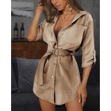 Women Solid V-Neck Shirt Dress