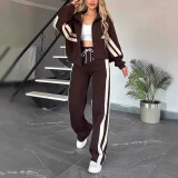 Women Striped Zipper Top and Pants Casual Sports Two-piece Set